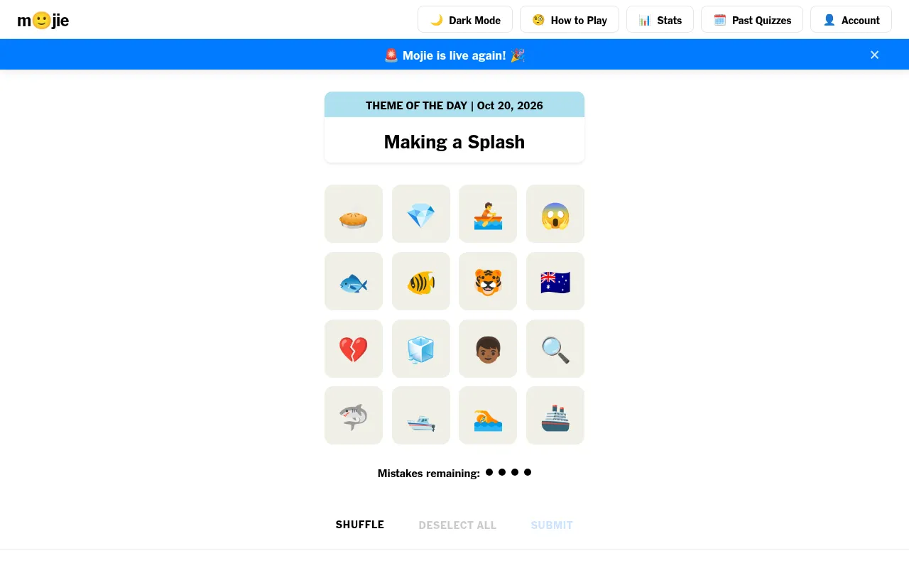 m🙂jie iconnect for October 20, 2026: the theme Making a Splash above a grid of 16 emoji tiles to sort into four films, with four mistakes remaining