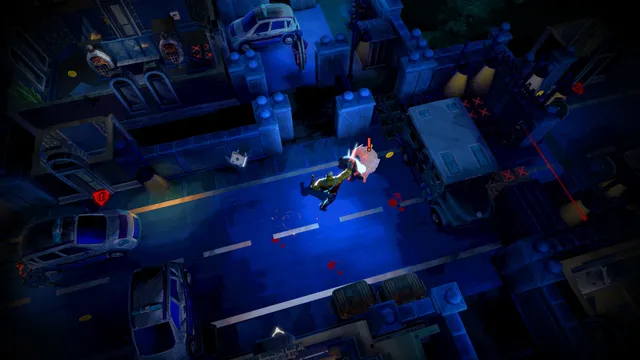 Monaco 2: a thief punches a guard on a night street lined with parked cars, a laser tripwire glowing nearby
