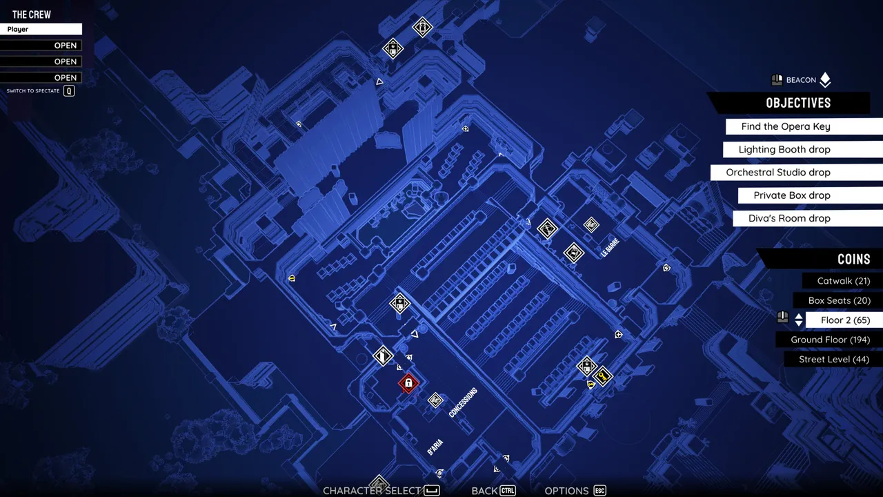 Monaco 2 blueprint view of the opera house with objectives and coin counts