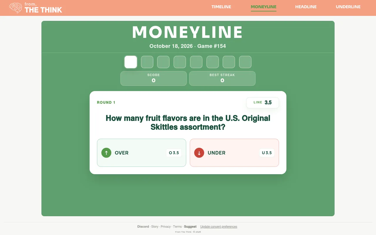 Moneyline Game #154 for 18 October 2026, round 1 of 8: How many fruit flavors are in the U.S. Original Skittles assortment? with a line of 3.5 and Over and Under buttons