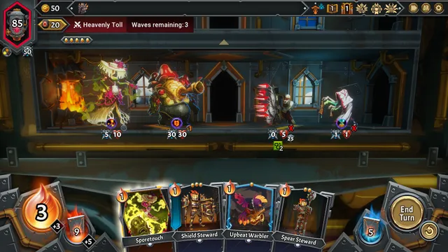A Monster Train 2 battle: units facing enemies on one floor of the train, with a hand of four cards, the ember counter and the End Turn button