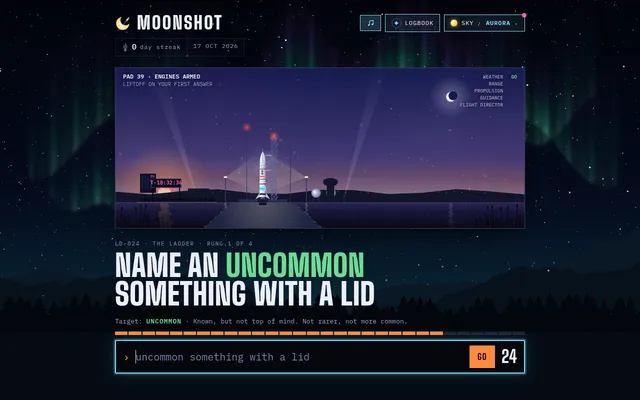 Moonshot's Ladder round: a rocket on its launch pad and the prompt to name an uncommon something with a lid