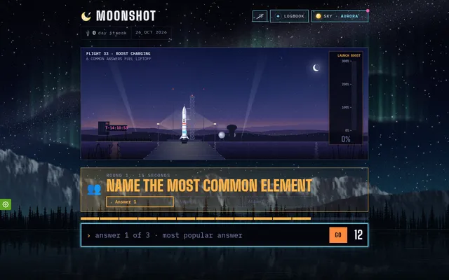 Moonshot on 26 October 2026, Flight 33: the rocket on its pad, a launch boost gauge and round 1 asking to name the most common element