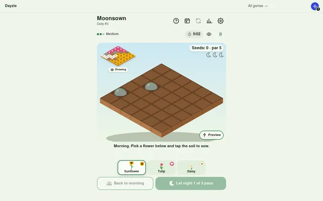 Moonsown Daily #3: an empty brown 6x6 isometric garden with two stones, the target drawing in the corner, par 5, and a tray of sunflower, tulip and daisy seeds
