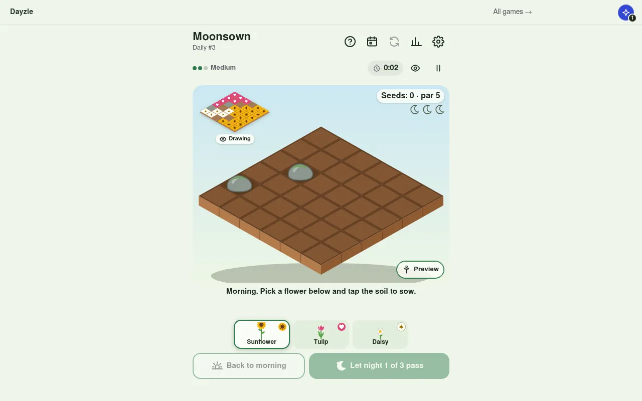 Moonsown Daily #3: an empty brown 6x6 isometric garden with two stones, the target drawing in the corner, par 5, and a tray of sunflower, tulip and daisy seeds