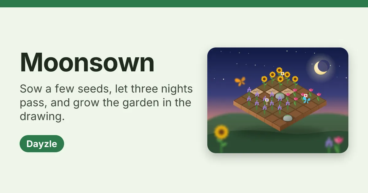 Moonsown card: the name and rule beside a night-time garden of sunflowers, tulips and lavender on an isometric grid under a crescent moon