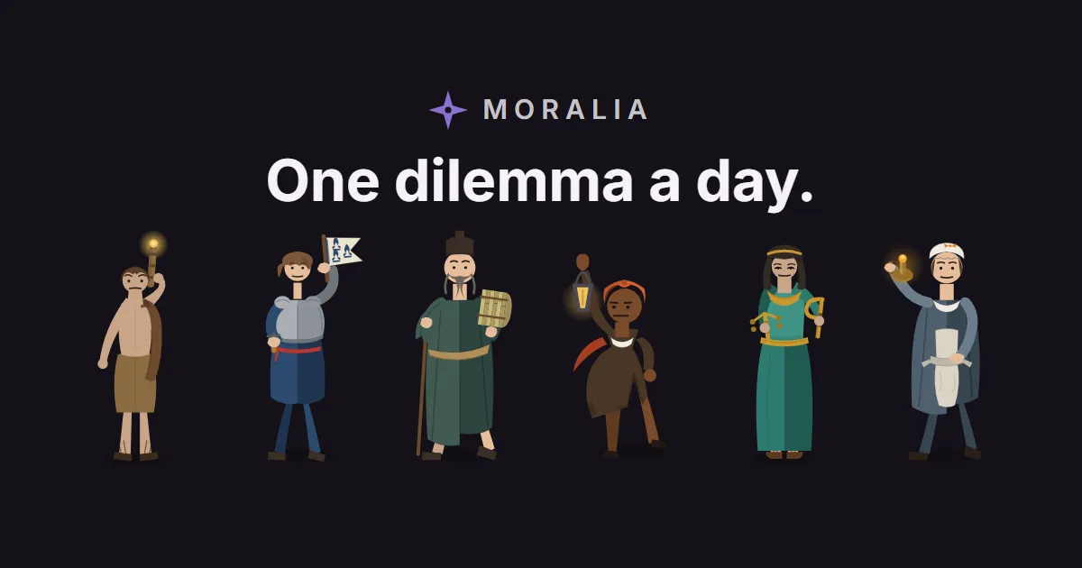 Moralia share card: the Moralia star wordmark and the line One dilemma a day above six illustrated figures, Prometheus, Joan of Arc, Confucius, Harriet Tubman, Cleopatra and Florence Nightingale