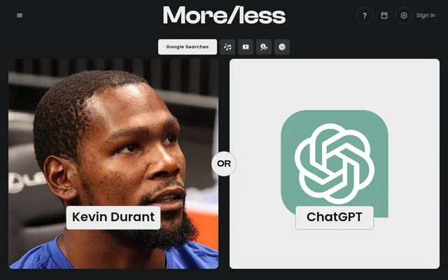 Today's More/less board on a desktop: Kevin Durant against ChatGPT in the Google Searches category, with icons for the day's other four categories