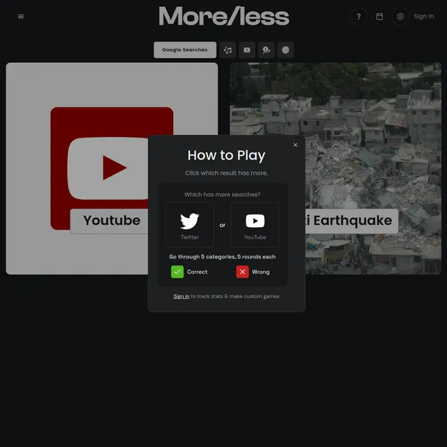 More/less with the Google Searches category open, comparing 'Youtube' and 'Haiti Earthquake', and a How to Play box: click which result has more, five categories of five rounds each