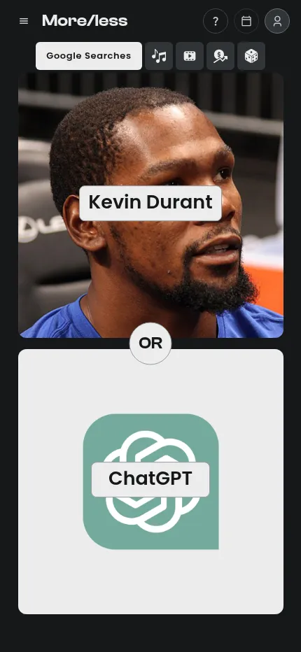 More/less at phone size: Kevin Durant above ChatGPT with OR between them