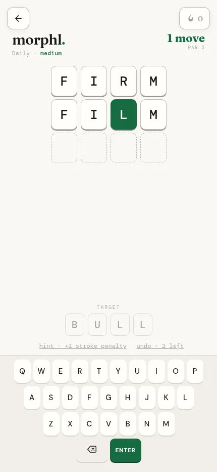 Morphl's daily on a phone: FIRM changed to FILM on the way to the target BULL, par 5, above the on-screen keyboard
