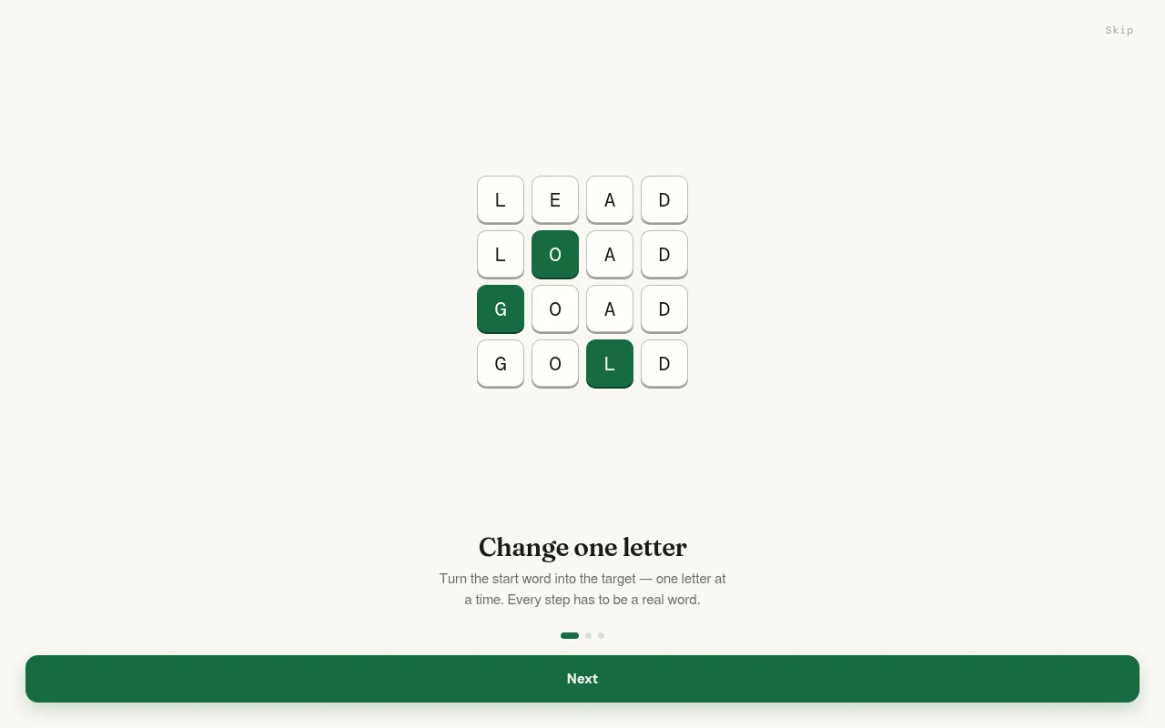 Morphl's opening tutorial: the ladder LEAD, LOAD, GOAD, GOLD with each changed letter in green, above Change one letter