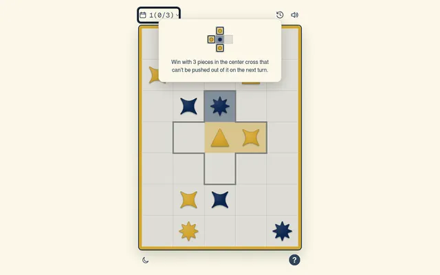 A MorphMove daily puzzle: navy and gold star, diamond and triangle pieces on a 5 by 7 board around the central cross, with the goal card asking you to win with 3 pieces in the cross that cannot be pus