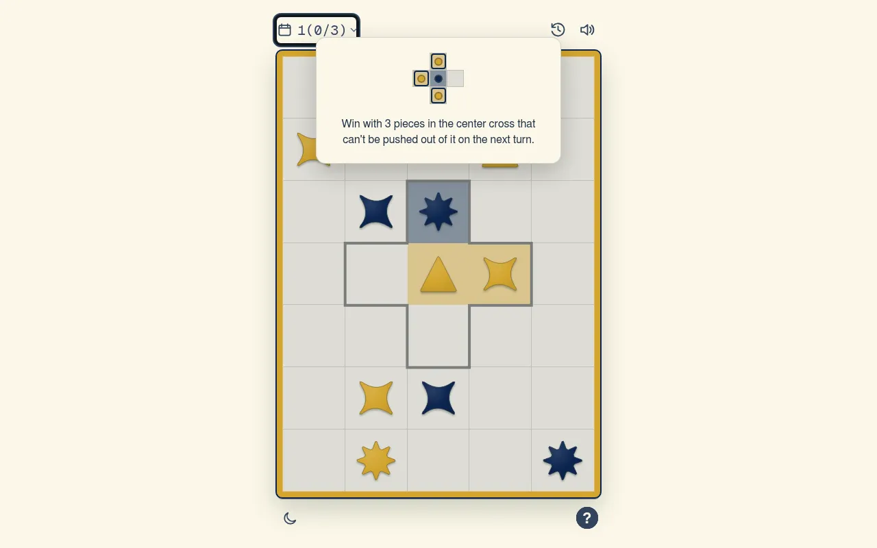 A MorphMove daily puzzle: navy and gold star, diamond and triangle pieces on a 5 by 7 board around the central cross, with the goal card asking you to win with 3 pieces in the cross that cannot be pus