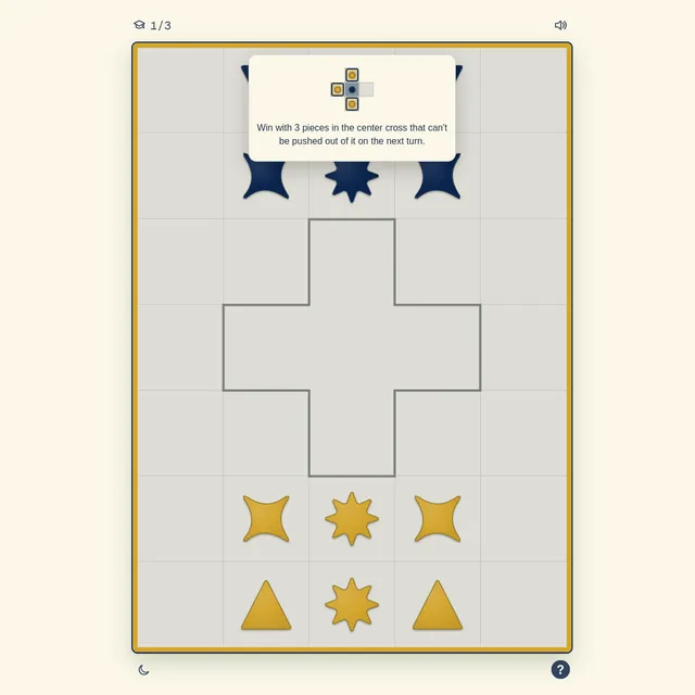 MorphMove board with navy and gold star, diamond and triangle pieces around a central cross, and a tip explaining the goal