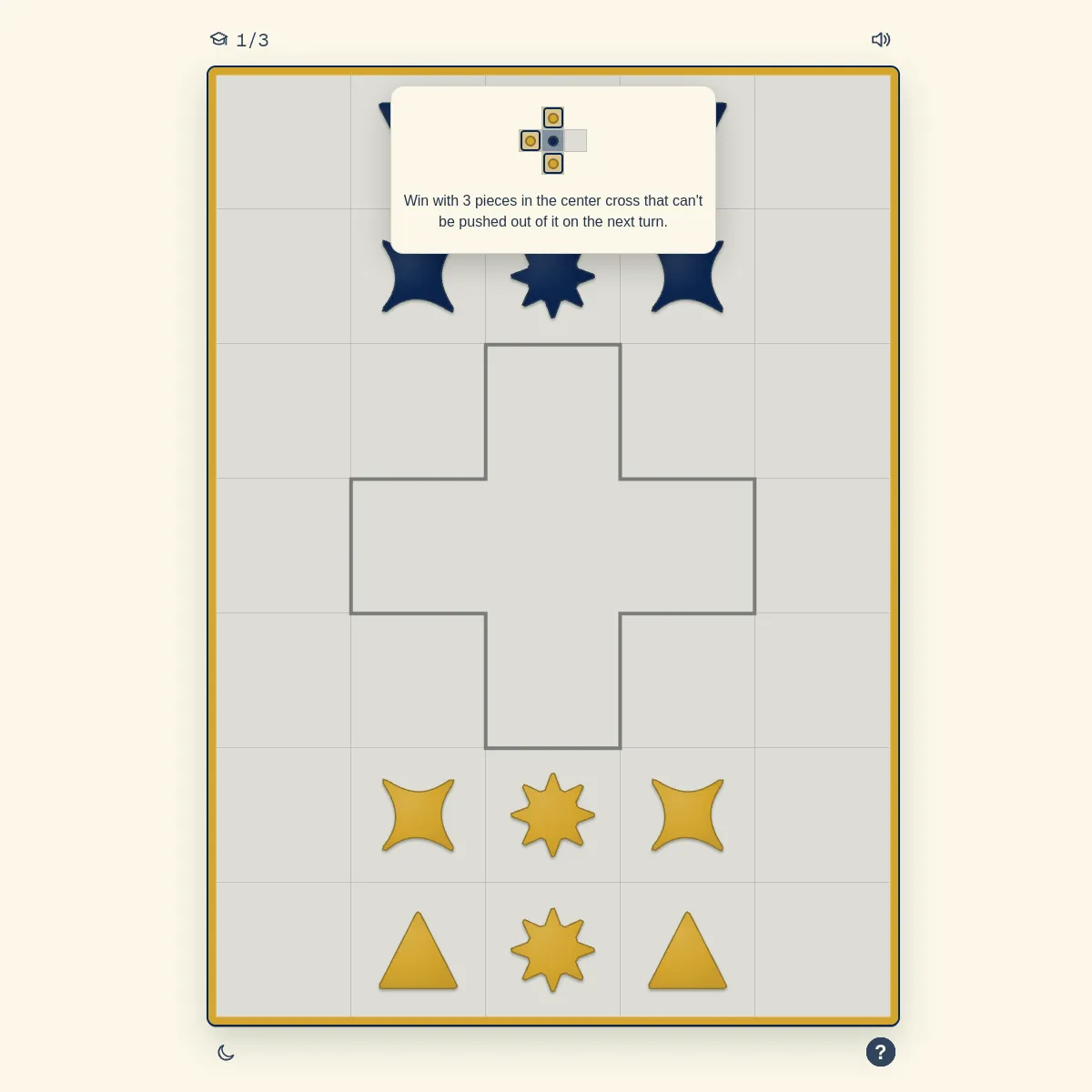 MorphMove board with navy and gold star, diamond and triangle pieces around a central cross, and a tip explaining the goal