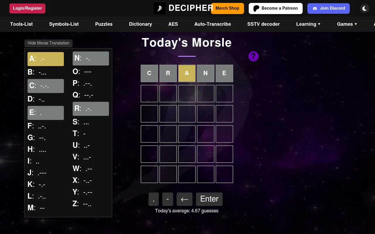 Today's Morsle on DECIPHER after a first guess, CRANE, typed in Morse: A shows yellow, the rest grey, and the same colours mark those letters in the Morse chart at left