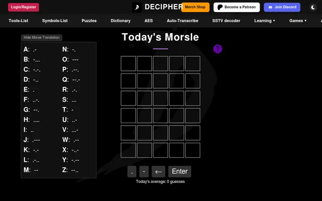 Today's Morsle on DECIPHER: an empty five by six letter grid with dot, dash, backspace and Enter keys below it, beside a chart of the Morse code alphabet from A to Z
