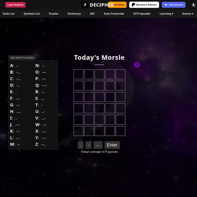 Today's Morsle on DECIPHER: an empty five by six grid, dot, dash, backspace and Enter keys, a Morse alphabet chart and today's average of 4.75 guesses