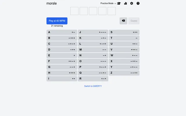 Morsle game screen: five empty letter boxes, a Play at 40 WPM button with 21 tries remaining, and a keyboard of letters A to Z with their Morse code