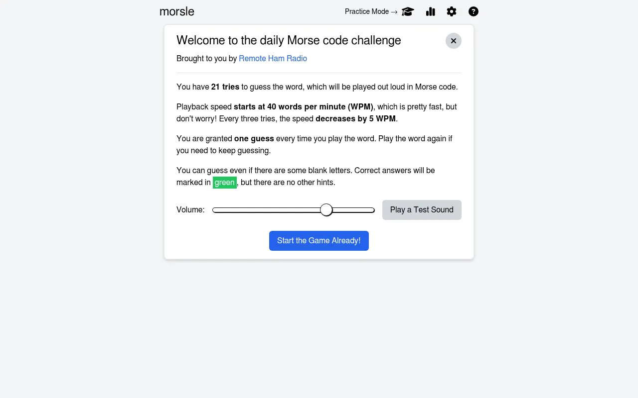Morsle welcome panel explaining the daily Morse code challenge: 21 tries, playback from 40 words per minute slowing by 5 every three tries