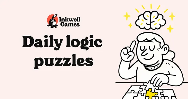 The Inkwell Games share card: Daily logic puzzles, with a drawing of a player placing a jigsaw piece