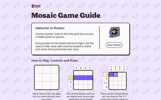 The Mosaic game guide on Inkwell Games: rules text and three small example grids showing how row and column clues are shaded