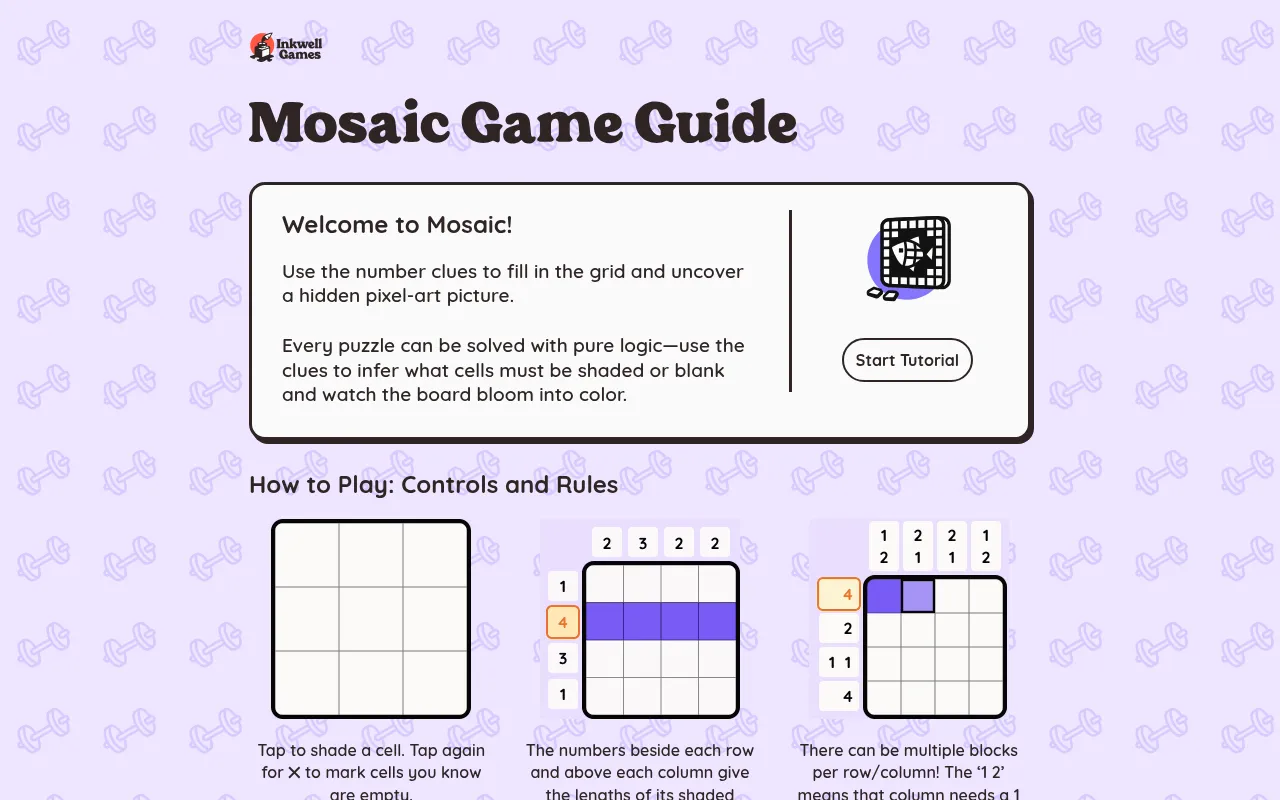 The Mosaic game guide on Inkwell Games: rules text and three small example grids showing how row and column clues are shaded