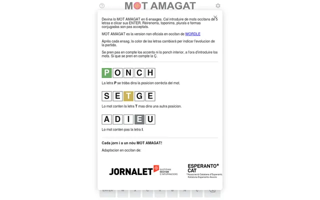 The Mot amagat help card in Occitan: example words PONCH, SETGE and ADIEU with green, yellow and grey tiles, the line Cada jorn i a un nòu MOT AMAGAT, and the Jornalet and Esperanto Cat marks