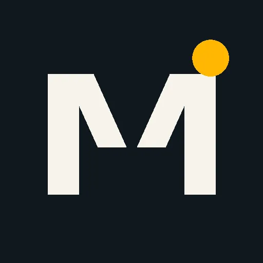 Motcha app icon: a white letter M with a yellow dot on a dark background