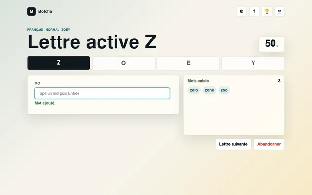 Motcha on desktop, today's French Normal word ZOEY: active letter Z, timer at 50 seconds, and the words zero, zone and zoo already added