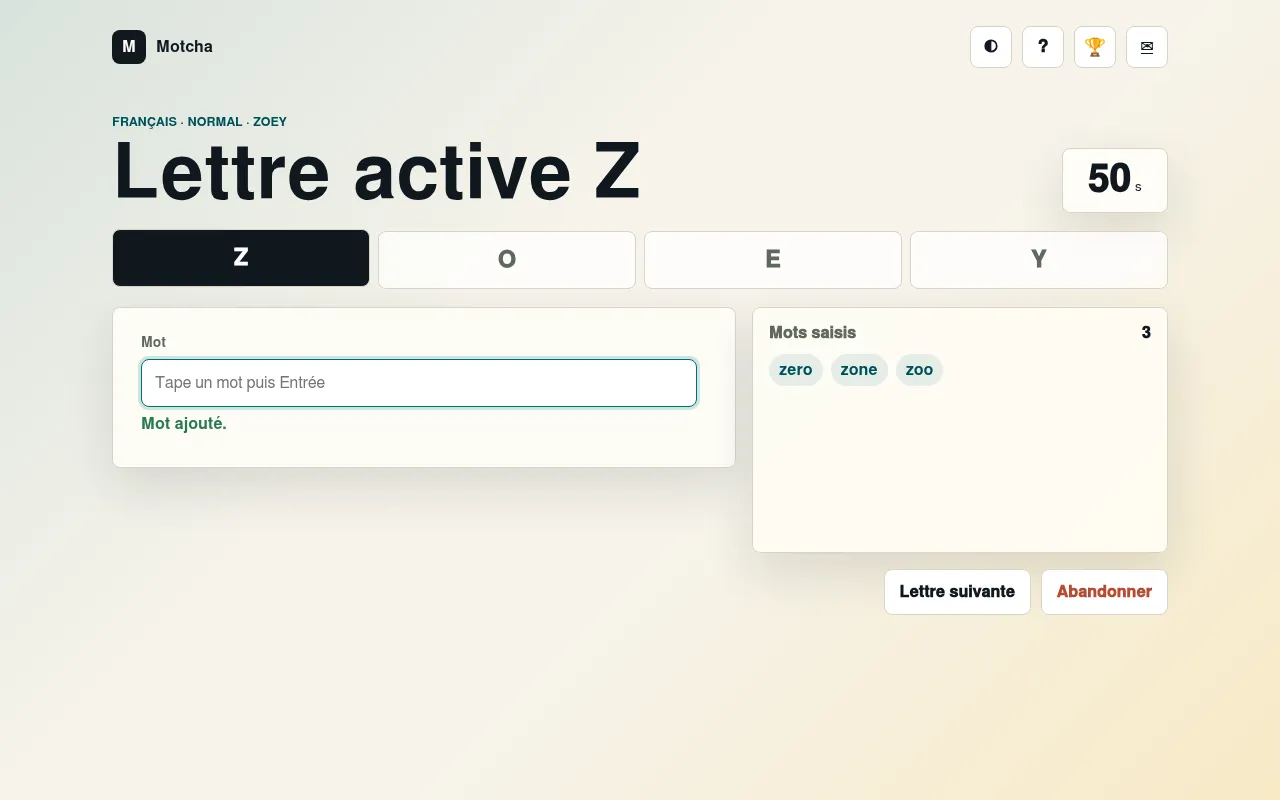 Motcha on desktop, today's French Normal word ZOEY: active letter Z, timer at 50 seconds, and the words zero, zone and zoo already added