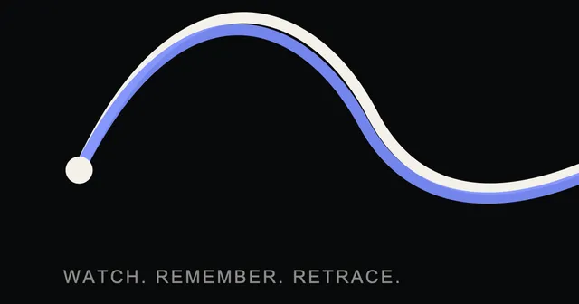 MotionPath share card: a light dot at the start of a curved white path with the traced blue line beside it, and the words Watch. Remember. Retrace.