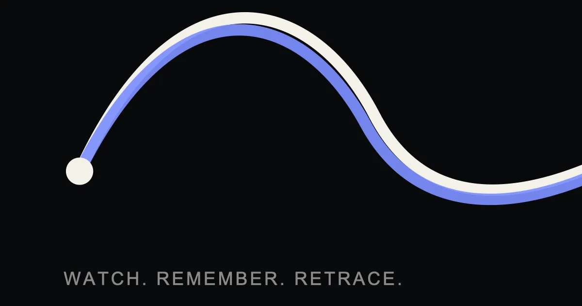 MotionPath share card: a light dot at the start of a curved white path with the traced blue line beside it, and the words Watch. Remember. Retrace.