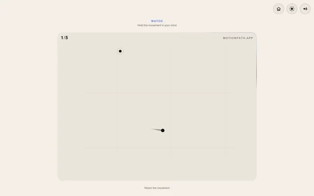 MotionPath daily run, round 1 of 5 on 21 October 2026: the dot moves across the gridded board under the Watch prompt, its trail fading behind it