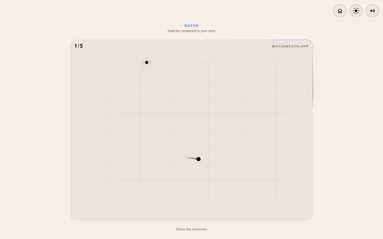 MotionPath daily run, round 1 of 5 on 21 October 2026: the dot moves across the gridded board under the Watch prompt, its trail fading behind it