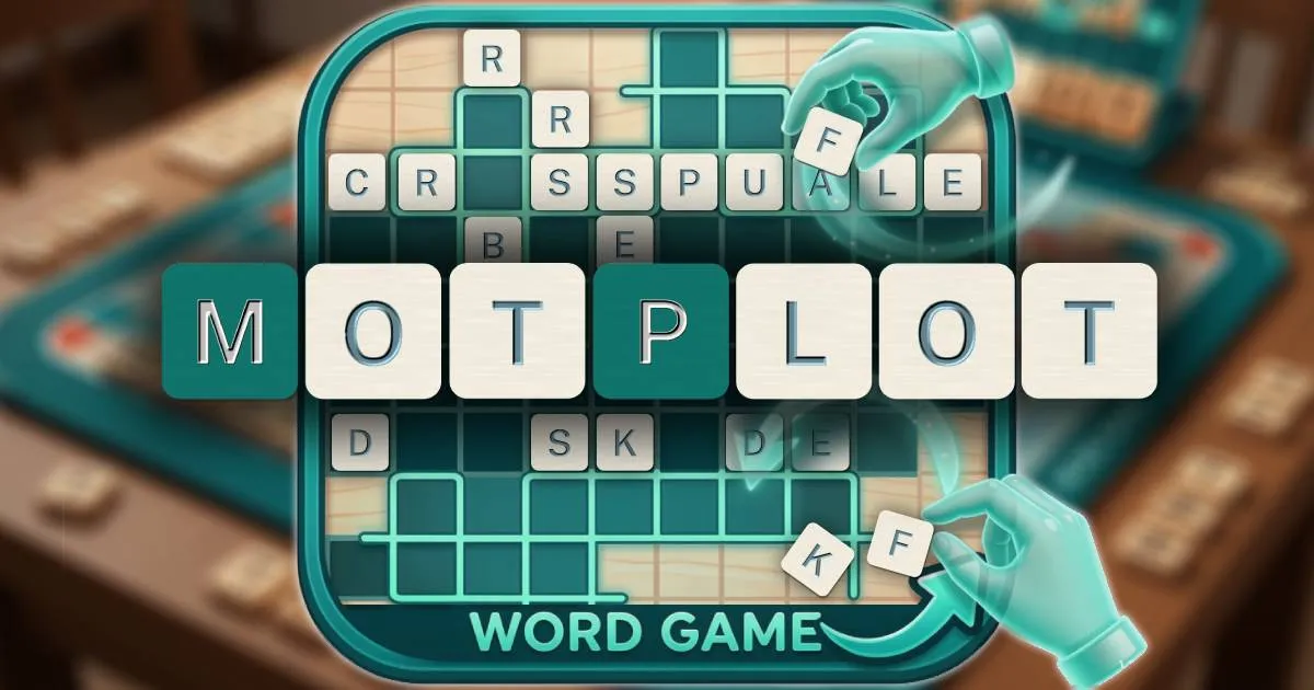Motplot banner with the title spelled in letter tiles over a crossword board and hands placing tiles
