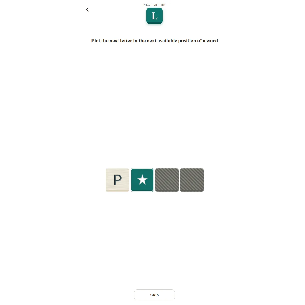 Motplot tutorial screen asking to plot the next letter, L, into the next available position of a word, with tiles P and a starred tile