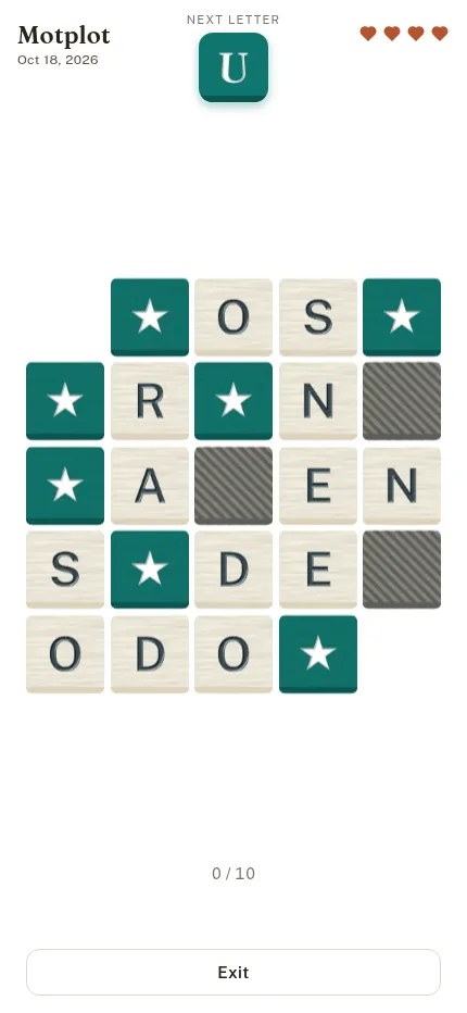 Motplot's daily Mini Mot on a phone screen: the 5x5 tile grid, the next letter at the top and the placed-letter counter below