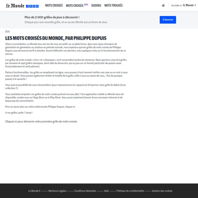 Le Monde Jeux intro page for Les mots croisés du Monde par Philippe Dupuis, with the games nav (Mots croisés, Mots croisés mini, Sudoku, Mots trouvés), a subscribe banner about a new grid each day and
