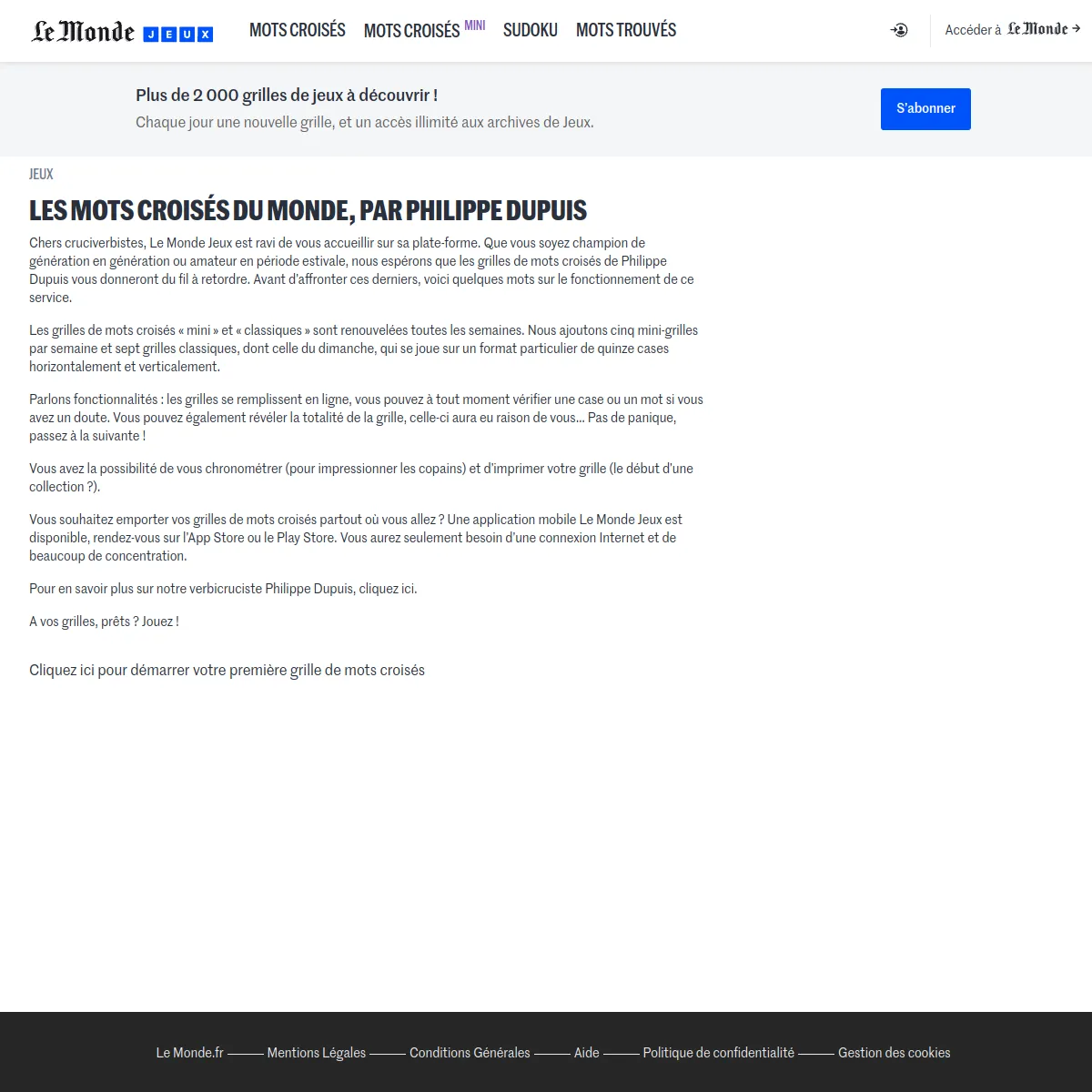 Le Monde Jeux intro page for Les mots croisés du Monde par Philippe Dupuis, with the games nav (Mots croisés, Mots croisés mini, Sudoku, Mots trouvés), a subscribe banner about a new grid each day and