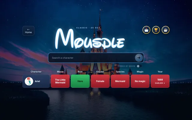 Mousdle Classic board for 25 October with a guess of Ariel: tiles for film, role, gender, species, magic and year, Hero in green, the rest red, year 1989 marked earlier