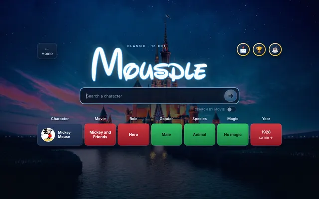 Mousdle Classic board for 18 October with one guess, Mickey Mouse, and its tiles for film, role, gender, species, magic and year
