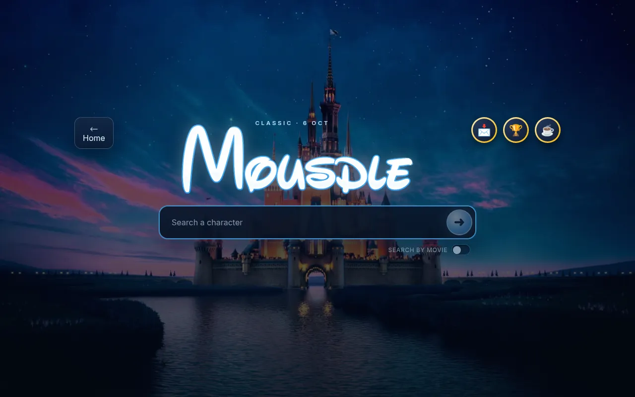 Mousdle Classic mode for 6 October: the Mousdle title over a night-time castle, with a Search a character box and a search-by-movie switch