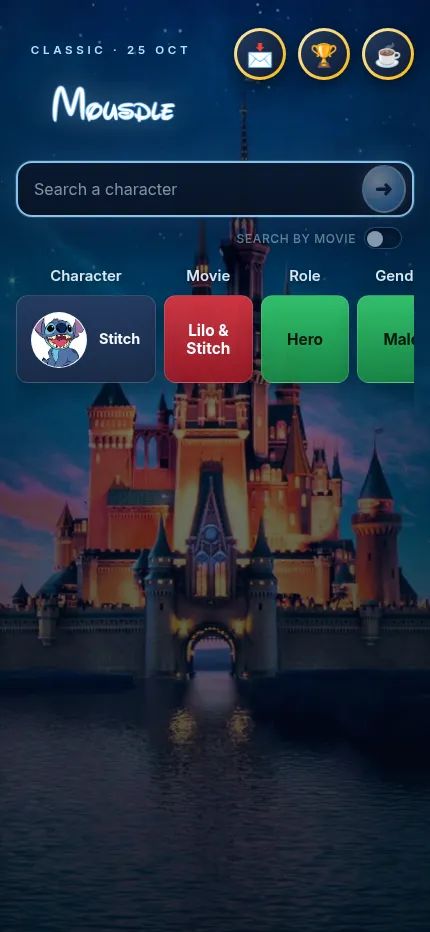 Mousdle Classic on a phone, 25 October, with a guess of Stitch and its clue tiles scrolling sideways