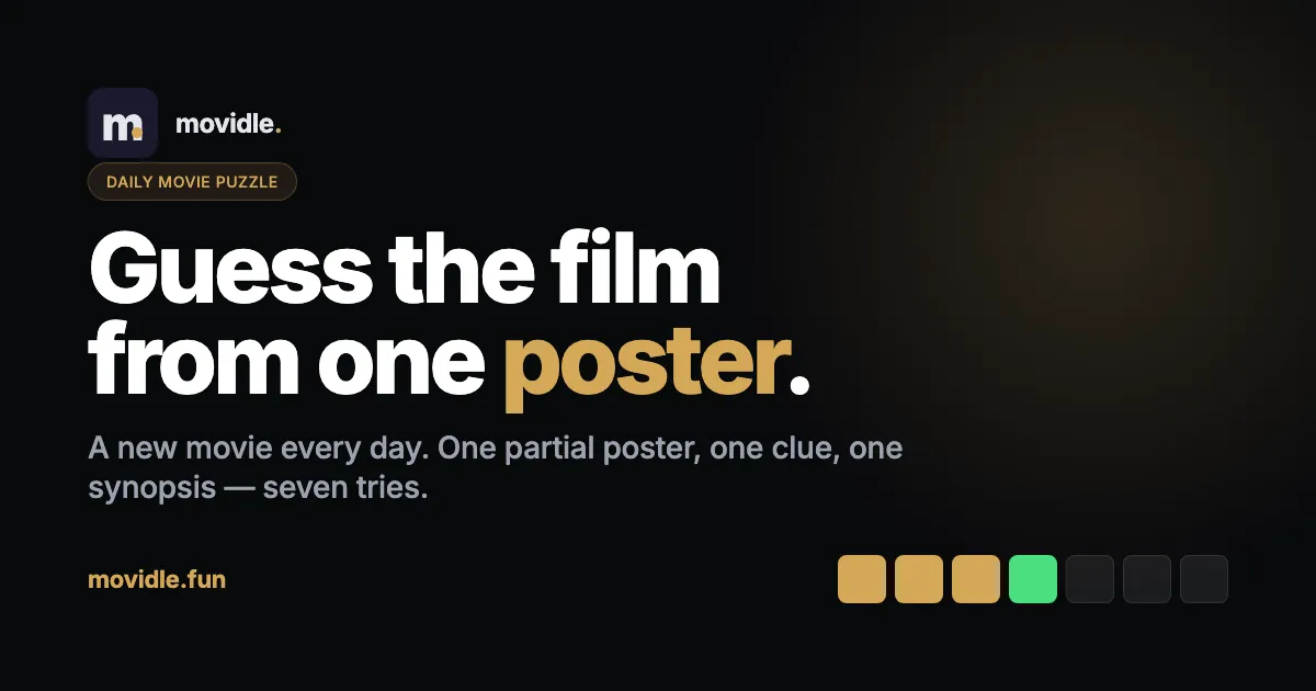 Movidle share card: Daily movie puzzle, Guess the film from one poster, with a seven-square result row