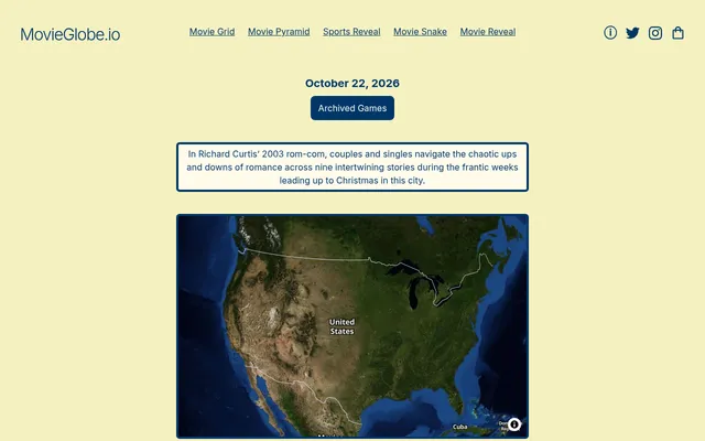 Movie Globe for October 22, 2026: the first clue, about Richard Curtis' 2003 Christmas rom-com, above a satellite globe of North America waiting for a pin