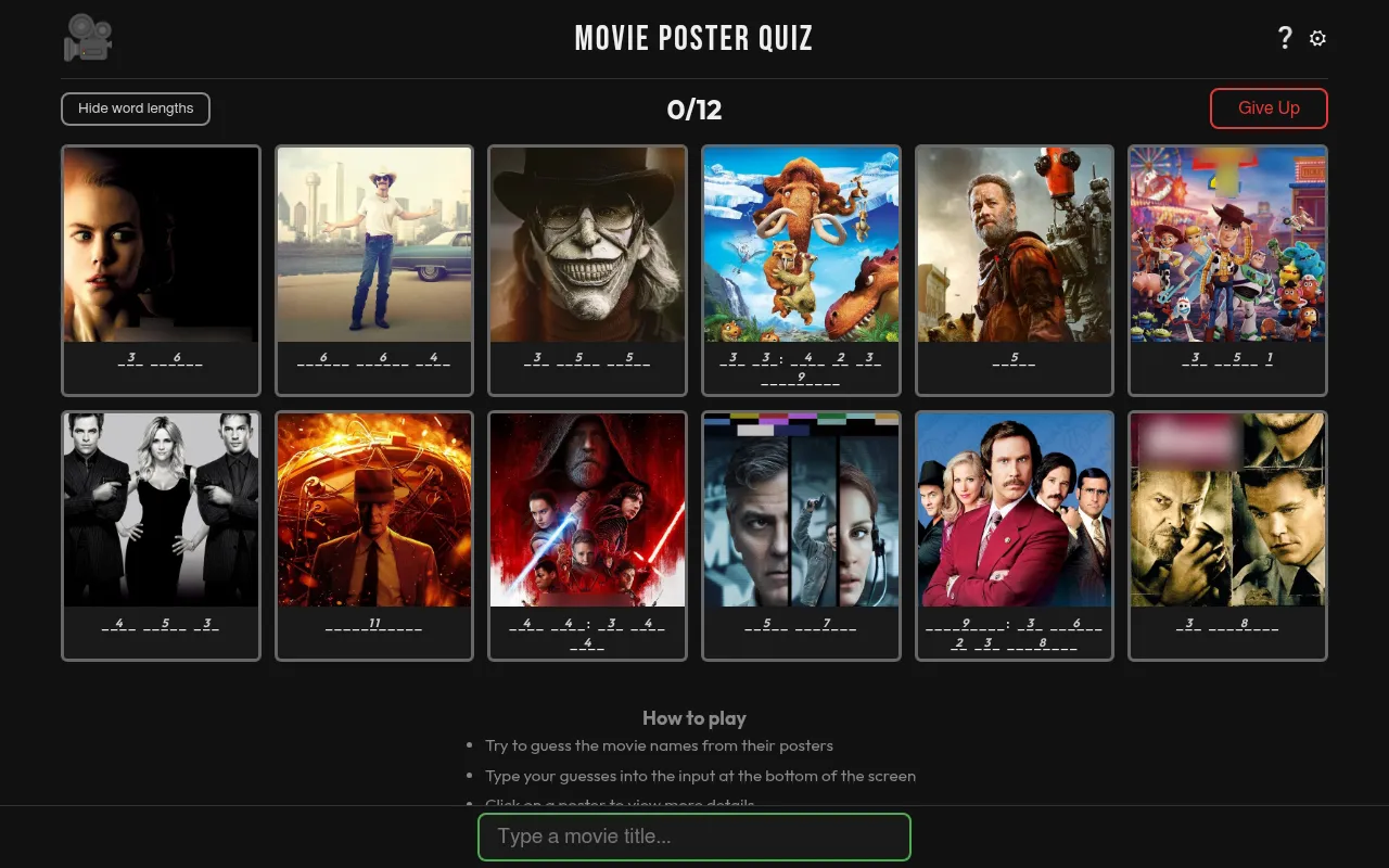 Movie Poster Quiz daily board: twelve cropped film posters with their titles hidden as blanks showing word lengths, a 0/12 score, Hide word lengths and Give Up buttons, and the title box at the bottom