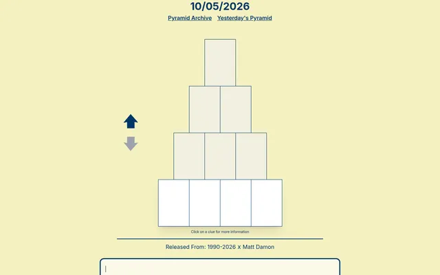 Movie Pyramid for 10/05/2026: an empty four-row pyramid of poster cells, one cell at the top and four at the base, with the bottom row's clue Released From 1990-2026 x Matt Damon and the guess box bel
