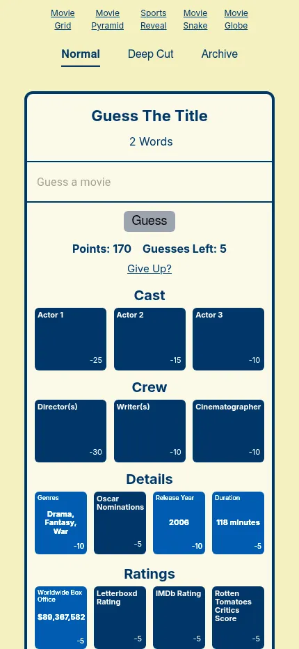 Today's Movie Reveal board on a phone: a two-word title to guess, 170 points left, and the genres, release year 2006, duration and box office clues turned over